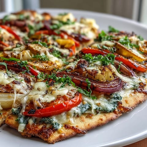 Vibrant St. Patricks Day rainbow veggie flatbread pizza with colorful bell peppers, broccoli, and fresh herbs.