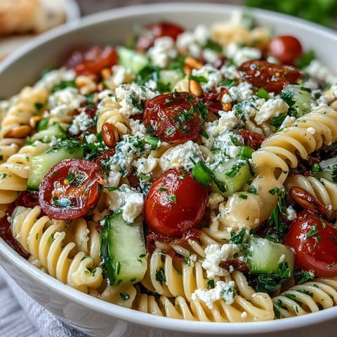 Vibrant Lemon Vinaigrette Pasta Salad with cucumbers and cherry tomatoes in a creamy lemon dressing.  