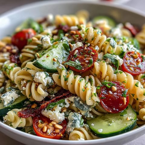 Fresh Lemon Vinaigrette Pasta Salad with crisp cucumbers, juicy cherry tomatoes, and bright lemon zest.  