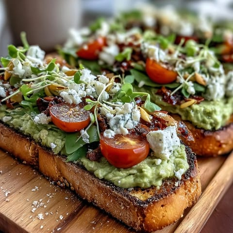 Customizable avocado toast platter featuring ripe avocado mash, sliced eggs, radishes, and microgreens on golden toasted sourdough.  