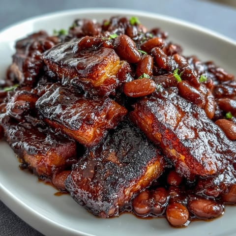 Hearty baked beans with crispy bacon and sweet molasses, bubbling in a rich, smoky sauce for a classic summer barbecue side.