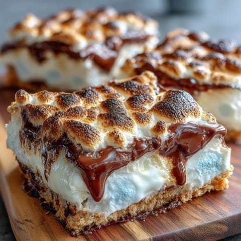 Gooey smores dip with melted chocolate and golden toasted marshmallows in a cast iron skillet, ready for dipping.