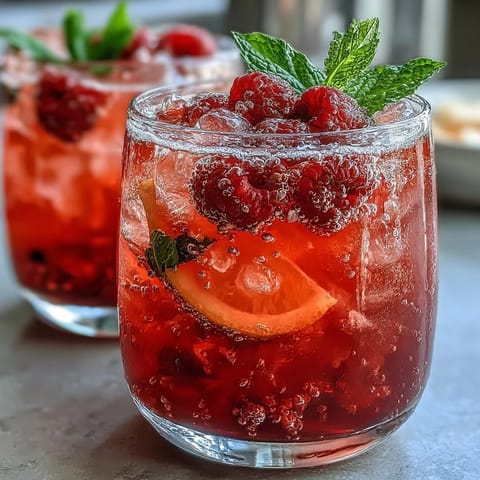 Vibrant Raspberry Lemon Spritz Mocktail with fresh raspberries and zesty lemon slices, served over ice with sparkling water for a refreshing summer drink.