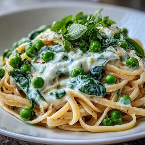 Creamy spring pasta with lemon sauce and peas, garnished with Parmesan and fresh chives, served in a white bowl.  