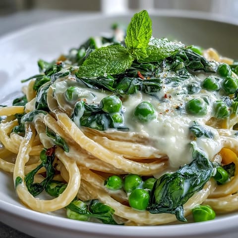 Bright linguine pasta in lemon cream sauce with green peas and spinach, topped with lemon zest and black pepper.  