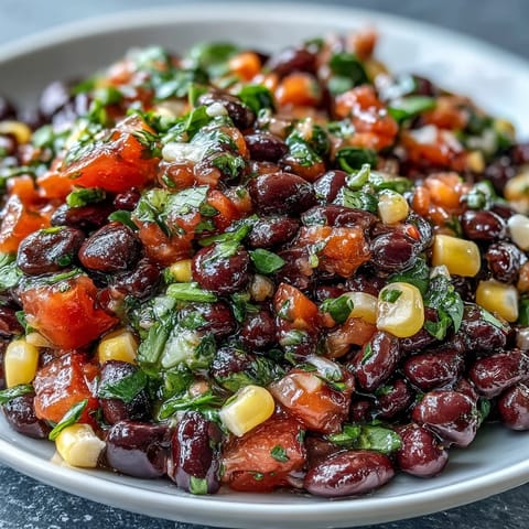 Colorful cowboy caviar dip with black beans, corn, and pico de gallo, served with crispy tortilla chips.  