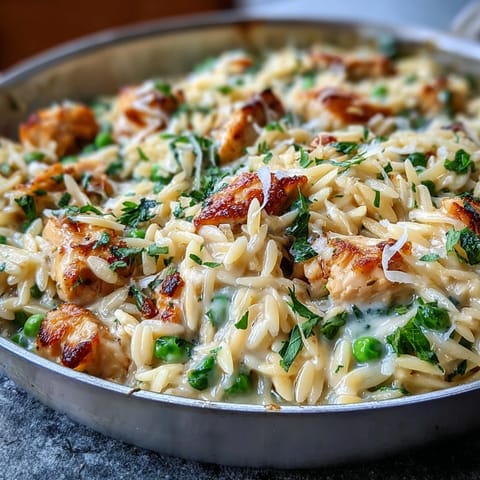 One-Pot Lemon Orzo with Chicken and Peas in a creamy, zesty sauce, with tender chicken, bright peas, and Parmesan.
