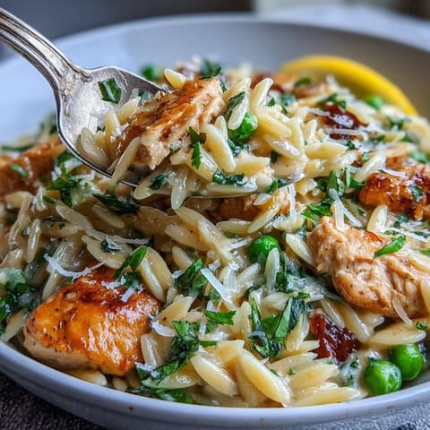 Creamy Lemon Orzo with Chicken and Peas in a single skillet, featuring tender orzo, juicy chicken, and vibrant lemon flavor.