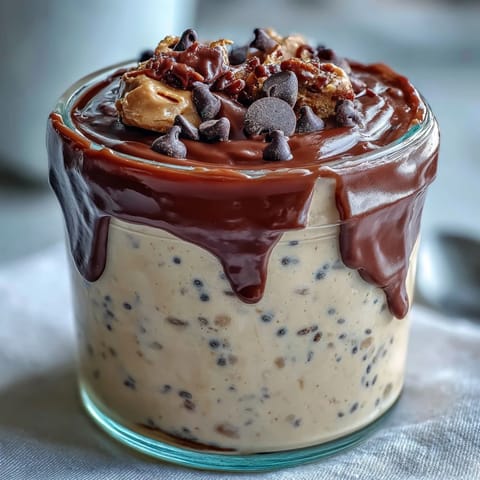 Close-up of Peanut Butter Cup Overnight Oats in a glass jar, featuring creamy oat layers and rich cocoa ganache. Mini chocolate chips and chopped peanuts garnish the top for a delicious breakfast.