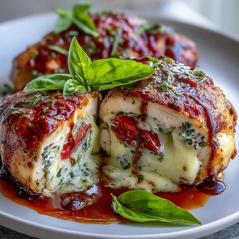 Caprese Stuffed Chicken Breast with melted mozzarella, ripe tomatoes, and fresh basil baked to golden perfection for a flavorful Italian dinner.