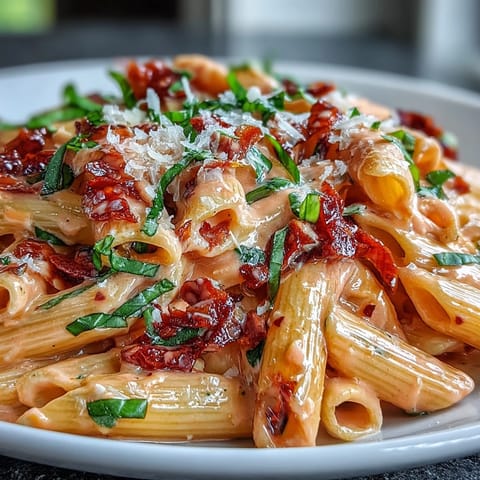 Creamy pink sauce pasta with penne, tomato, and parmesan, garnished with fresh basil for a comforting Italian-American meal.