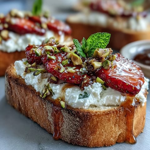 Strawberry honey ricotta toast with pistachios, a vibrant, sweet, and crunchy breakfast delight.