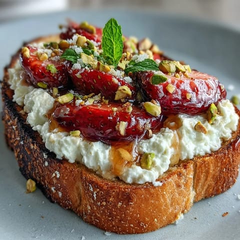 Close-up of strawberry honey ricotta toast with pistachios, a fresh and delicious snack.