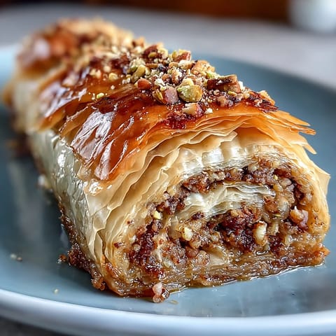 Golden pistachio baklava rolls with crispy phyllo pastry, drizzled in fragrant orange blossom syrup and sprinkled with crushed pistachios.  