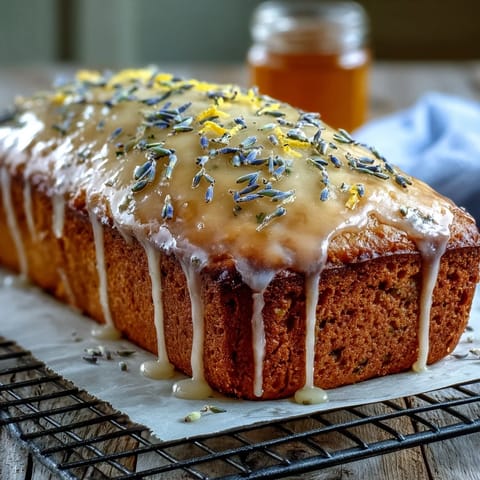 Golden Lemon Lavender Loaf Cake glistening with honey glaze, perfect for tea.