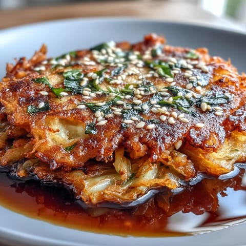 Crispy Cabbage Kimchi Pancakes sizzling golden brown in a hot skillet, packed with tangy kimchi and fresh cabbage.