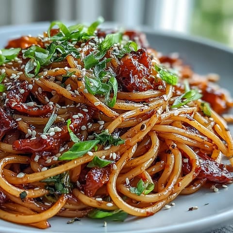 A steaming bowl of gochujang butter pasta with glossy noodles coated in spicy-sweet sauce and sprinkled with sesame seeds.  