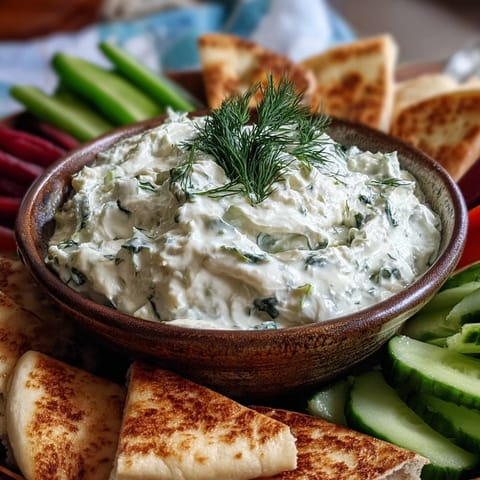 Creamy Skyr Tzatziki Dip with fresh cucumber and dill, perfect for dipping.