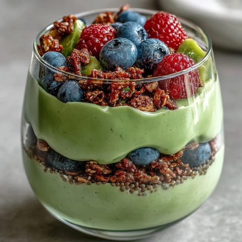 Fiber-Rich Avocado Chia Pudding Parfait with vibrant berry layers for breakfast.