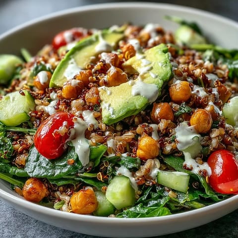 Hearty Ancient Grains Bowl with farro and quinoa, topped with avocado and lemon tahini dressing.