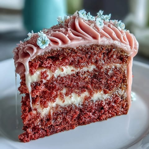 Show-stopping Rosé Velvet Cake layered with creamy frosting and shimmering gold accents.