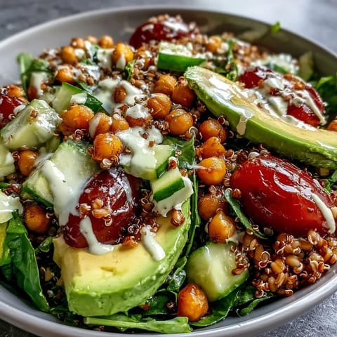Vibrant Ancient Grains Bowl showcasing farro, quinoa, and chickpeas with fresh, colorful toppings.