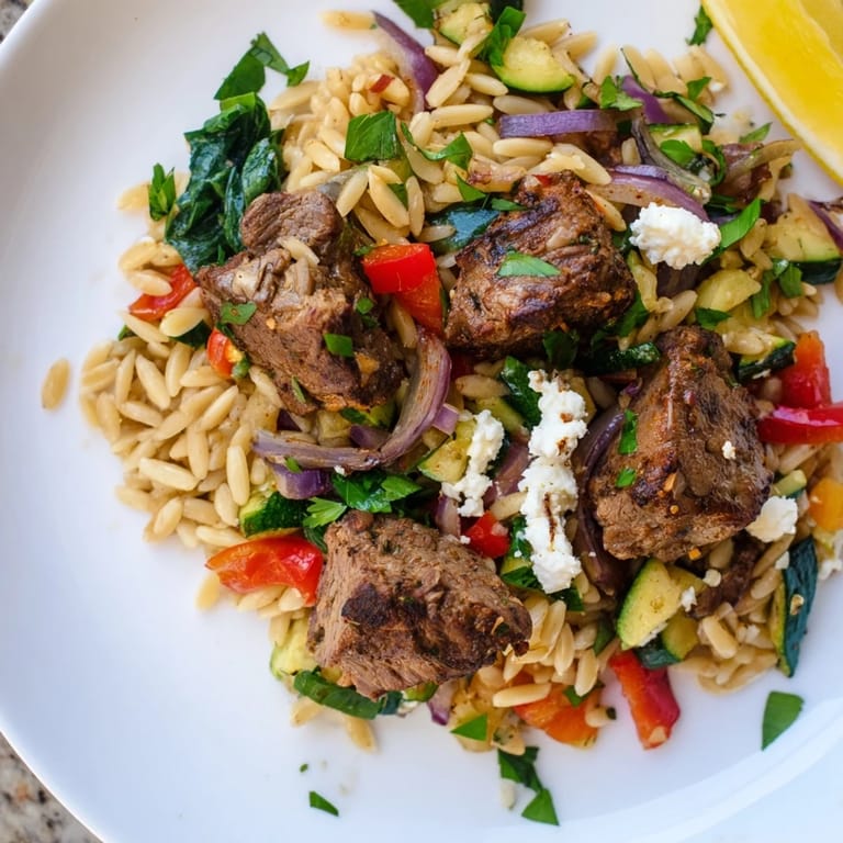 A close up shot of a vibrant Smoky Mediterranean Lamb and Orzo Supper, perfect for a cozy family dinner.