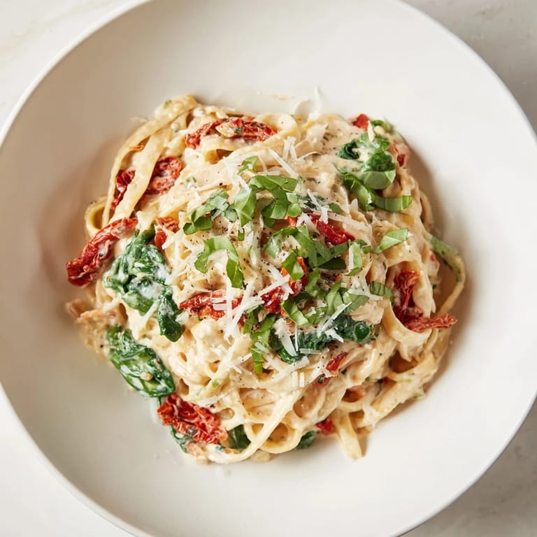 Enjoy a steaming plate of One-Pot Creamy Tuscan Garlic Herb Pasta, perfect for a cozy dinner.