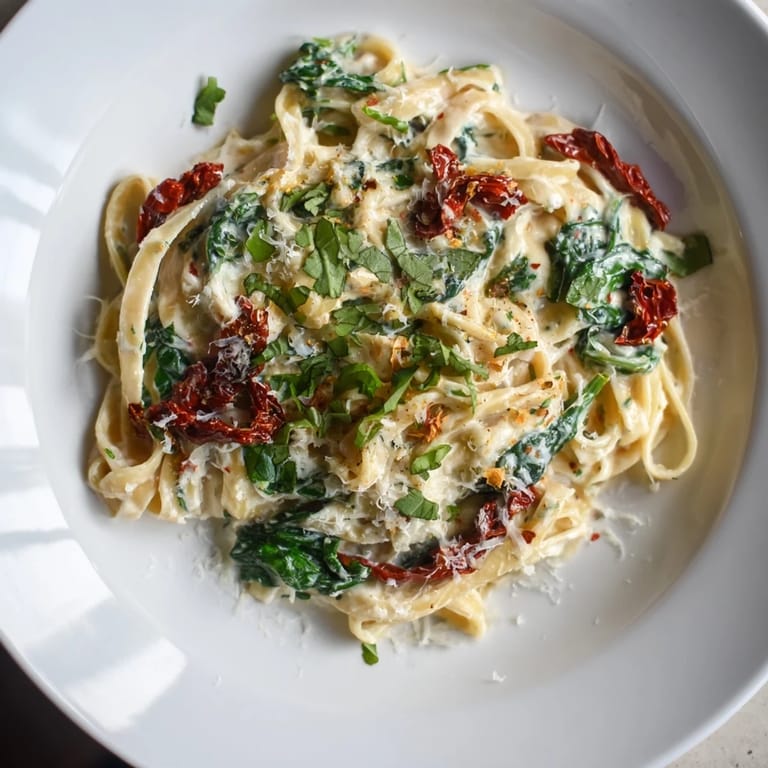 A close-up of One-Pot Creamy Tuscan Garlic Herb Pasta, showcasing the vibrant spinach and herbs.