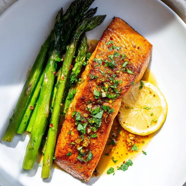 Golden flaky skillet lemon-butter salmon, glistening in a bright, flavorful sauce alongside asparagus.