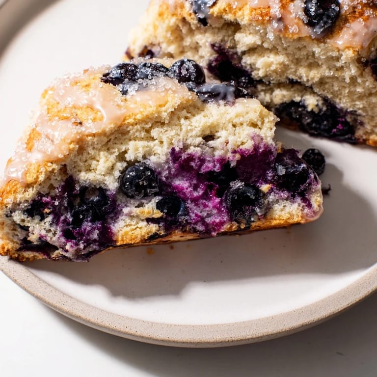 A close-up of fluffy Rustic Birch-Warm Blueberry Scones features scattered juicy blueberries, glistening after baking.