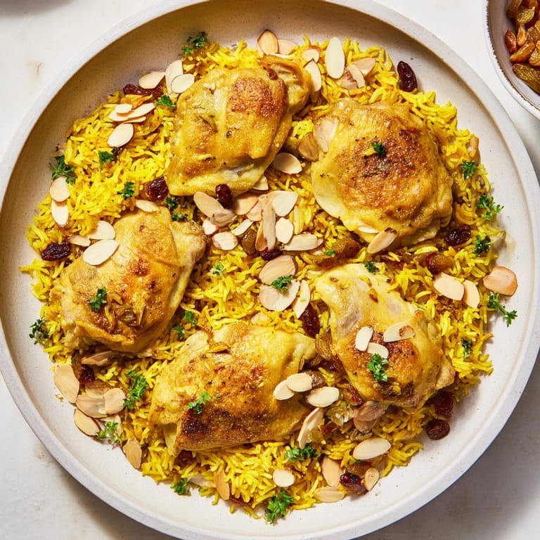 Savory saffron chicken and rice pilaf, garnished with herbs and almonds, ready to serve for dinner.