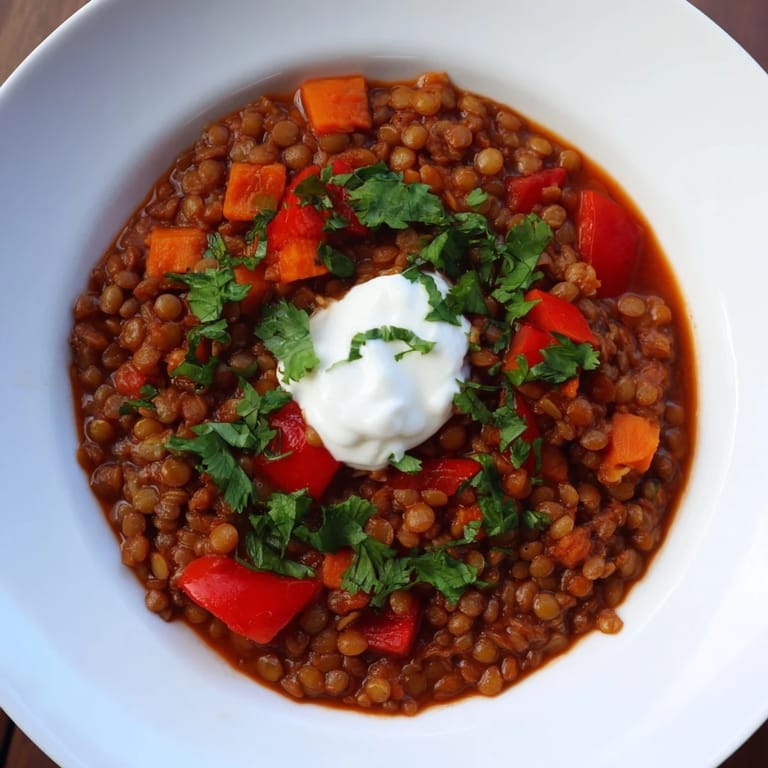 A close-up of a bowl brimming with hearty Wheat-Warm Lentil Curry, garnished with fresh cilantro and yogurt.