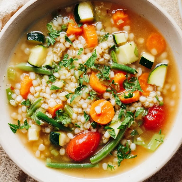 Warm and comforting Simple Homemade Grain and Vegetable Soup, perfect for a cold day's lunch.