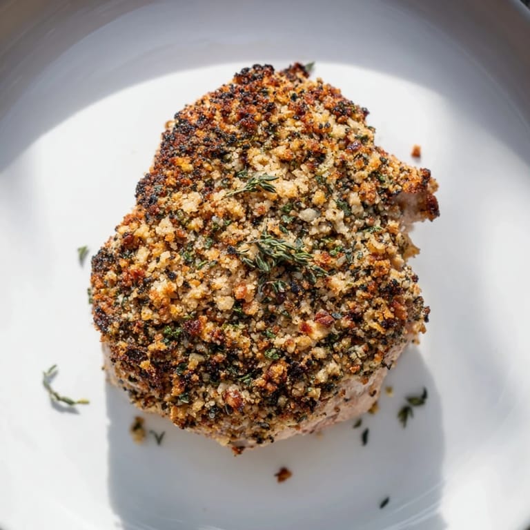 Close-up of a flavorful Thyme and Pecan Crusted Pork Tenderloin, showing the crispy, nutty crust.