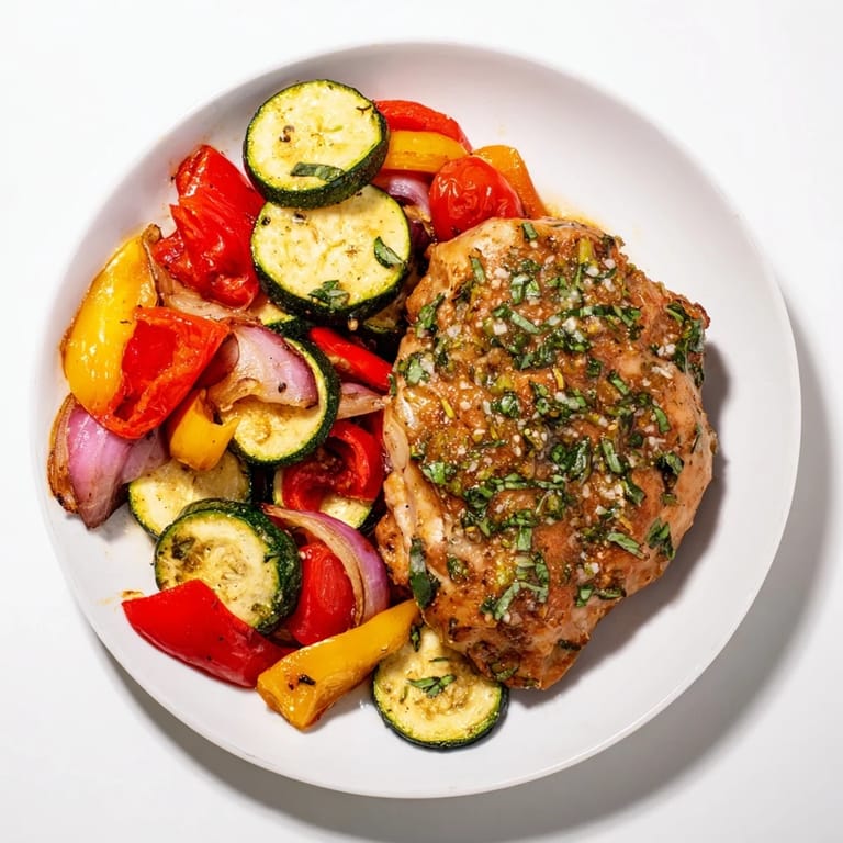 A close-up of the flavorful Basil-Soft Chicken and Veggie Sheet Pan Dinner, a healthy, colorful blend.