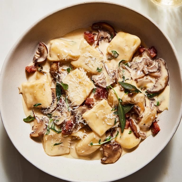Golden, savory Woodsy Skillet Sausage and Mushroom Gnocchi with creamy sauce, perfect for a cozy dinner.