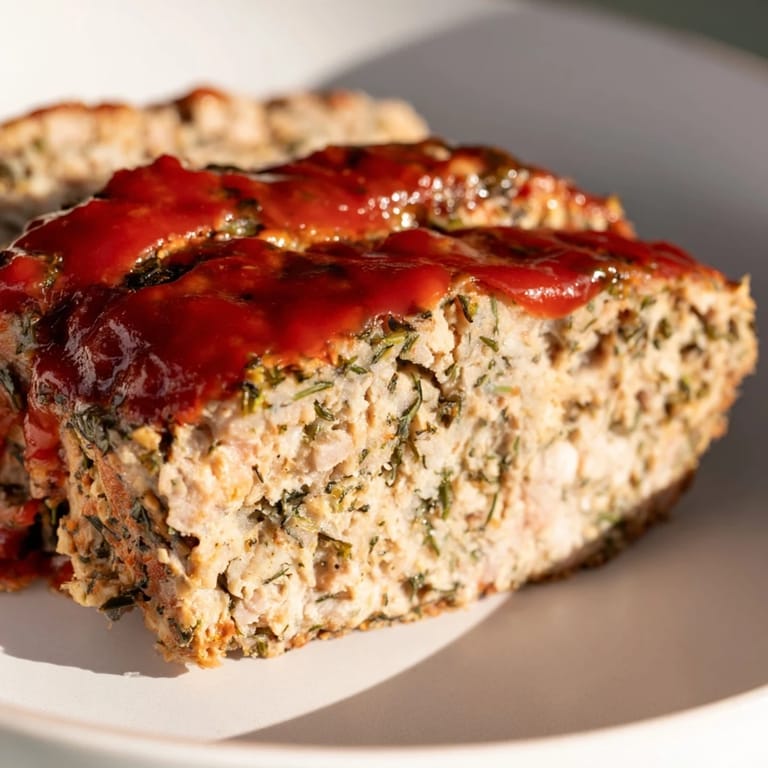 Sizzling close-up of a beautifully browned Everyday Herb-Sprigged Turkey Meatloaf with a sweet glaze.