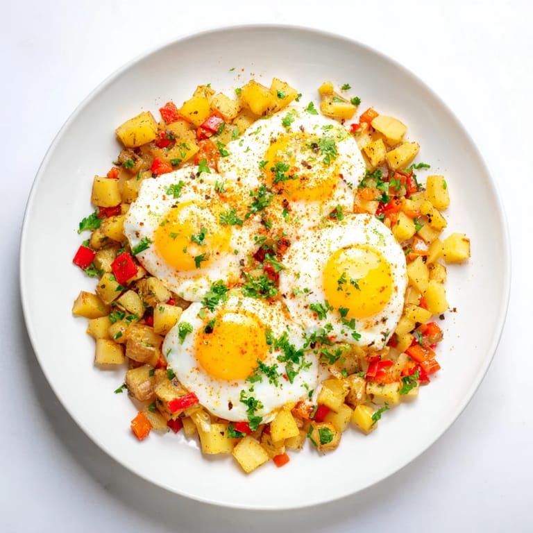 A visually appealing, one-pan Simple Skillet Egg and Potato Hash with bright peppers is ready to enjoy.