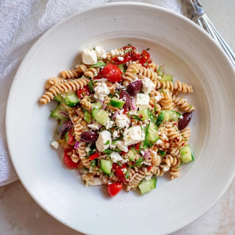 This Mediterranean Olive Oil and Feta Pasta Salad showcases creamy feta and bright red tomatoes.