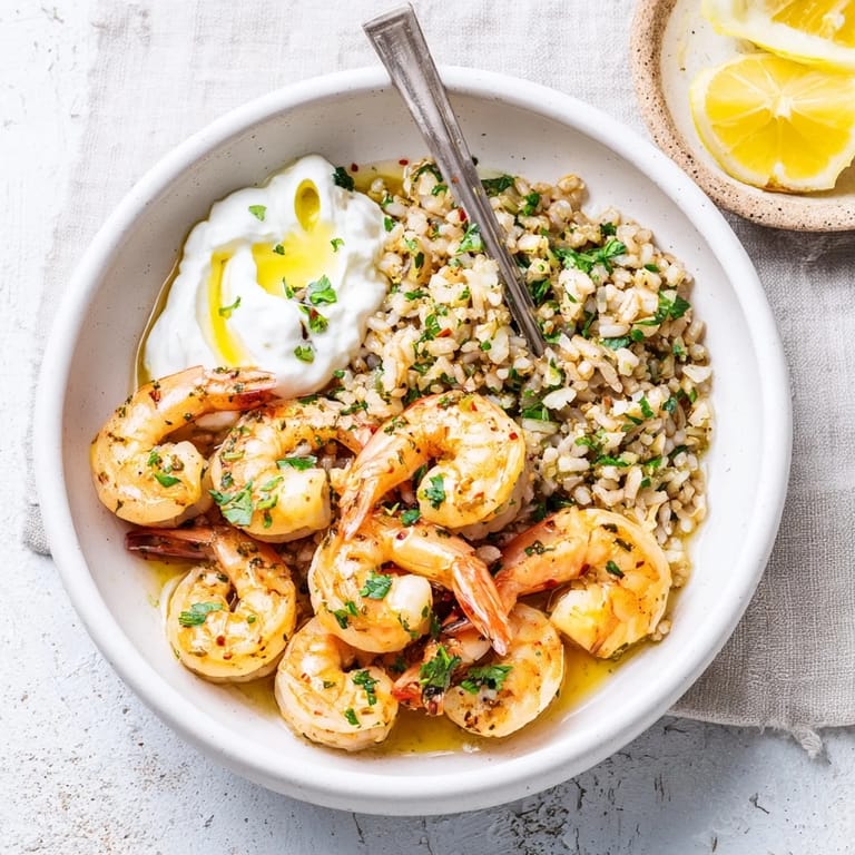 Tender, juicy shrimp nestled in a flavorful lemon herb scampi sauce, ready to serve and enjoy.