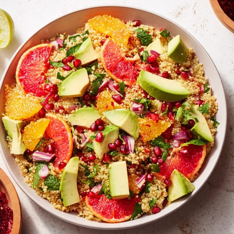 A colorful overhead shot of a Fresh Citrus & Avocado Quinoa Bowl, ready for a healthy meal.
