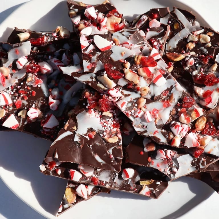 This homemade Holiday bark features a delicious mix of chocolate, peppermint, and pistachios in shards.