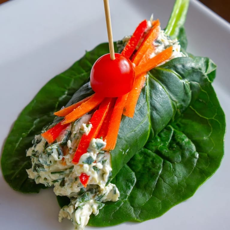 Freshly assembled Holly Leaf Spinach Wraps reveal colorful garden vegetables and creamy herbed cheese filling.