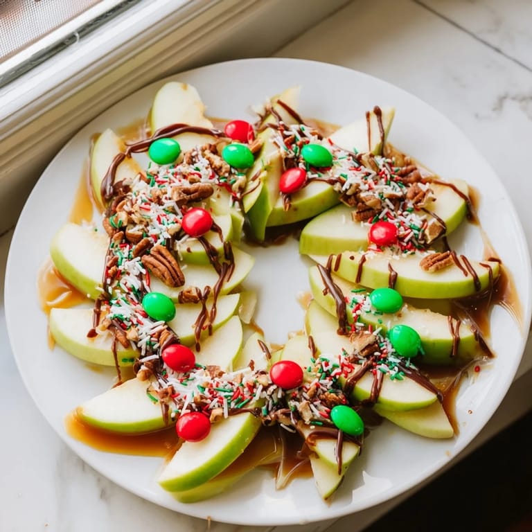 Gooey caramel and chocolate drizzle over fresh apple slices create a delicious Caramel Apple Slice Christmas Wreath.