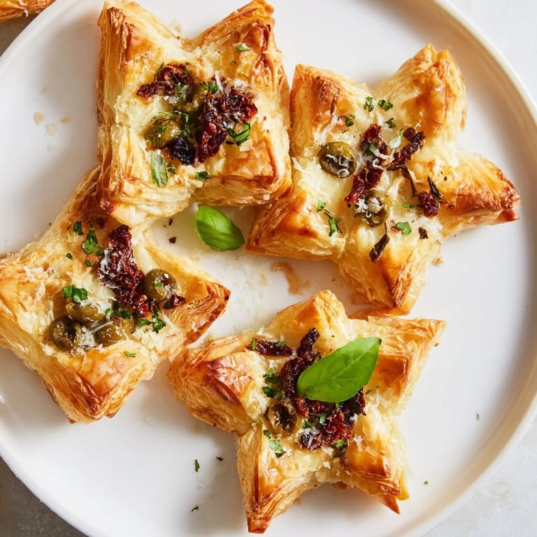 Freshly baked, golden Olive and Sundried Tomato Star Garland, ready to serve as a festive appetizer.