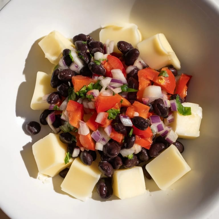 Bright photo of Savory Bites: Pepper Jack cubes and black bean salsa, perfect for any gathering.