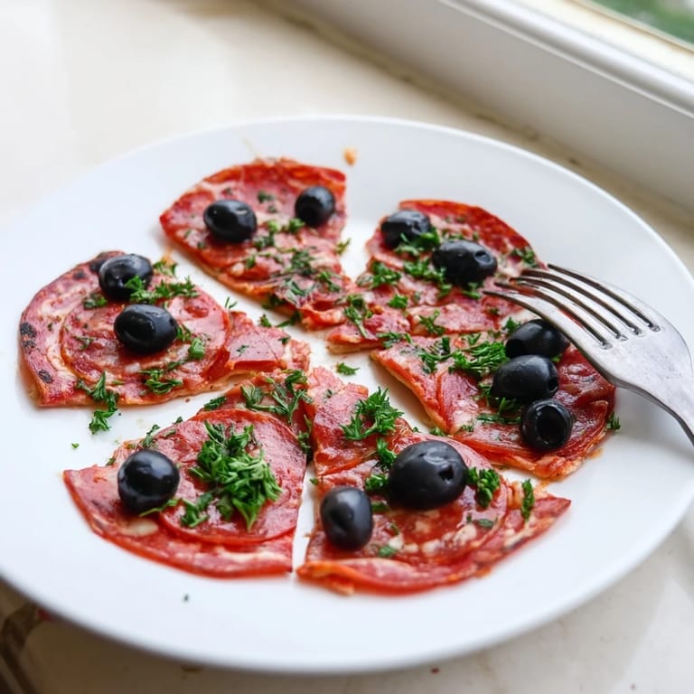 Savory sliced pepperoni and olive halves arranged on a platter, ready for a quick and easy appetizer.