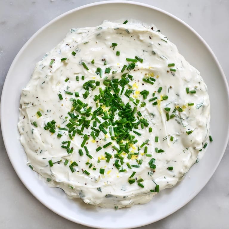 A close-up of Veggie Ranch Dip, showing a thick texture and fresh herbs on top for serving.