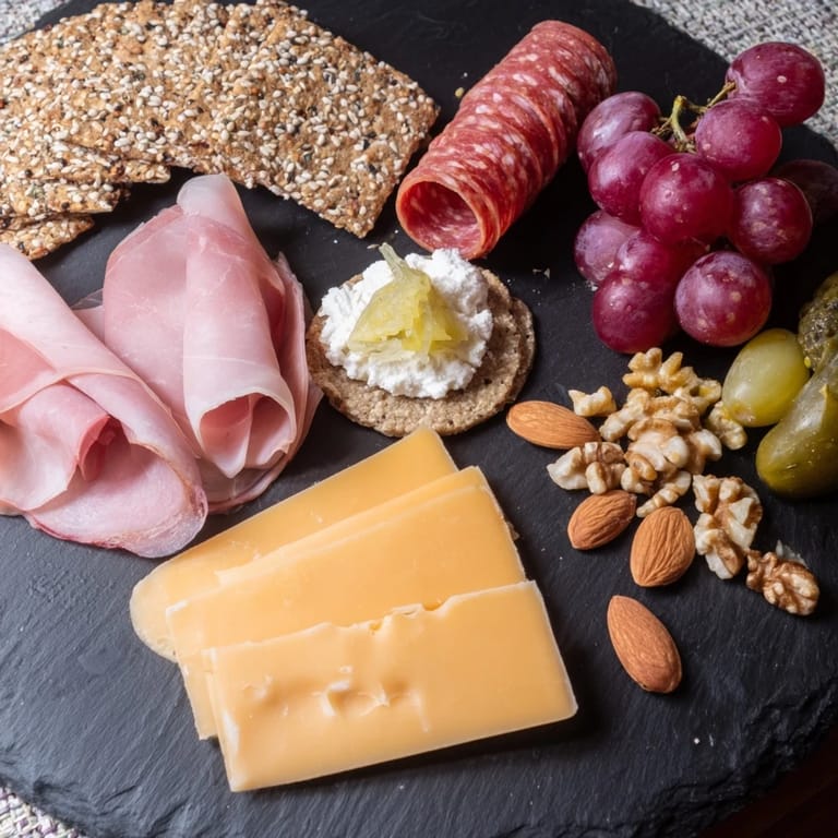 This Charcuterie Board for One features artfully arranged meats, cheeses, and vibrant accompaniments for enjoyment.